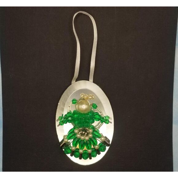 Vintage Beaded Angel Ornament on Mirror 3" Pearl Handmade with Safety Pins Green - Picture 2 of 4